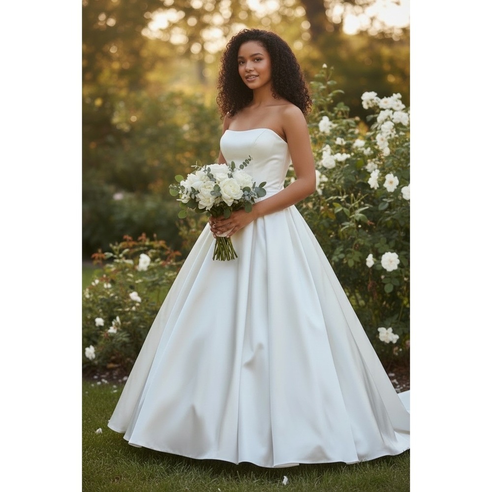 David's Bridal Strapless White Satin A-Line Gown